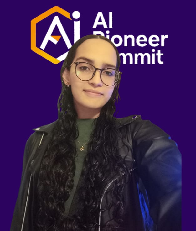 Sophia Oliveira Alves in a portrait with the AI Pioneer Summit logo in the background.